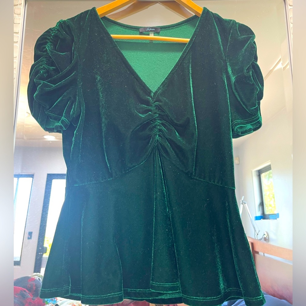 Soprano - green velvet ruched sleeve and bodice vneck top